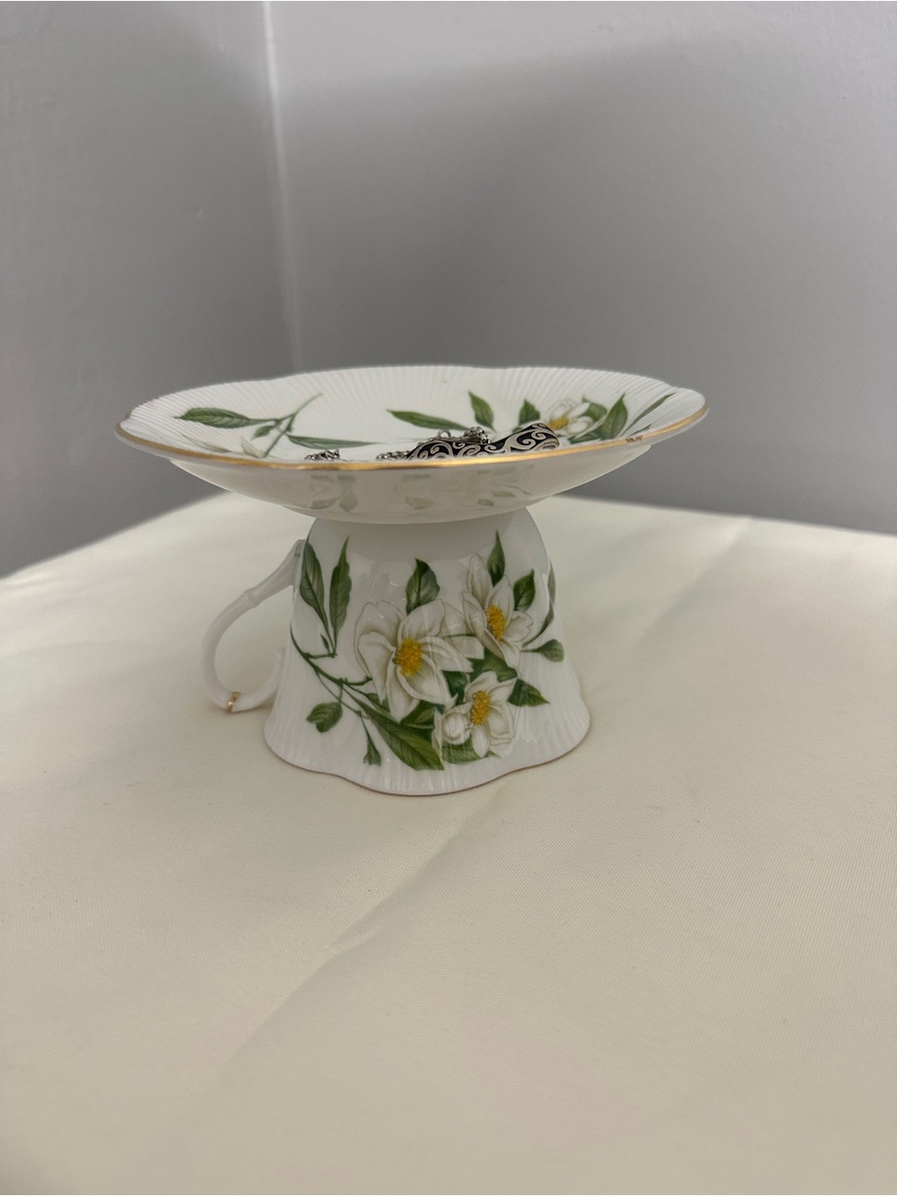 Floral Pedestal Tea Cup & Saucer - White with Green Floral